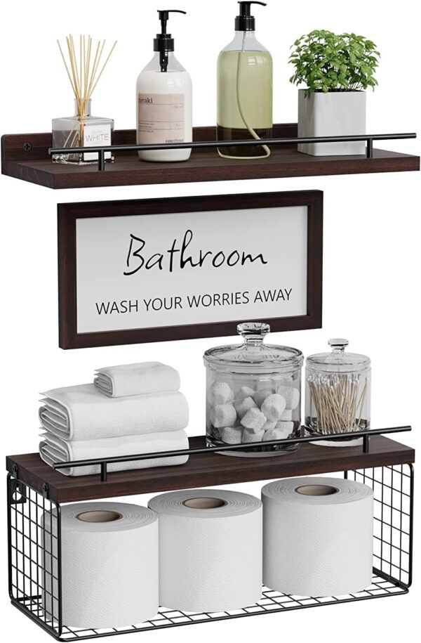 WOPITUES Floating Shelves for Bathroom Wall Decor Sign, Bathroom Organizers and Storage, Bathroom Shelves Over Toilet with Metal Guardrail-Rustic Brown