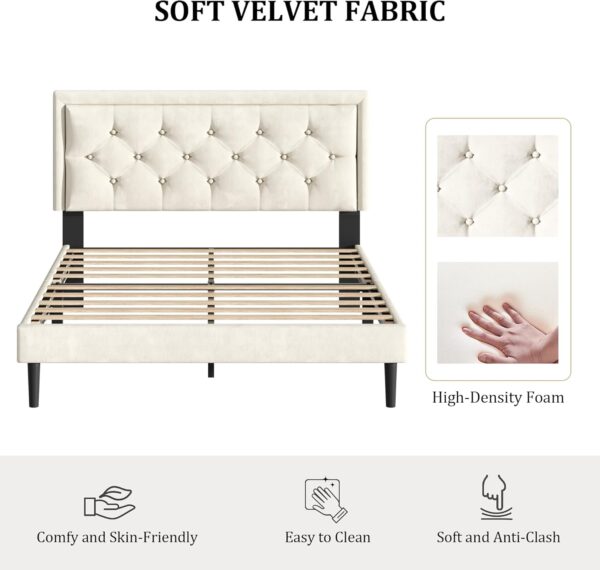 Queen Size Platform Bed Frame with Upholstered Velvet Button Tufted Headboard, Mattress Foundation with Wooden Slat Support, No Box Spring Needed, Easy Assembly, Noise Free, Beige - Image 3