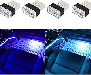 Augeny 4 PCS USB LED Car Interior Atmosphere Lamp, Plug-in USB Decor Night Light, Portable Auto Ambient Lighting Kit, Universal Vehicle Interior Accessories for Most Cars (Blue & Ice Blue)