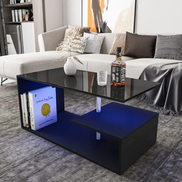 HOMMPA LED Coffee Tables for Living Room Modern Black Coffee Table with S-Shaped 3 Tiers Open Storage Shelf High Gloss Center Sofa Tea Table with LED Lights for Home Office Furniture Black 18" Tall - Image 6