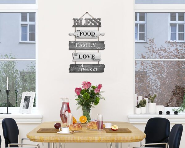 Pigort Kitchen Wall Decor Bless the Food Before Us Dining Room Wall Decor - Farmhouse Wall Art For Kitchen Dining Room- Wooden Rustic 5pcs Roped Sign 12x18 Inches (Grey) - Image 5