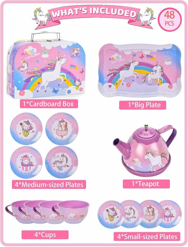Unicorn Toys Tea Party Set for Little Girls, Birthday Gift for Age 3 4 5 6 Year Old, Princess Tea Set Toys for Little Girls, Kids Kitchen Pretend Toy with Tin Tea Set, Desserts & Carrying Case - Image 7