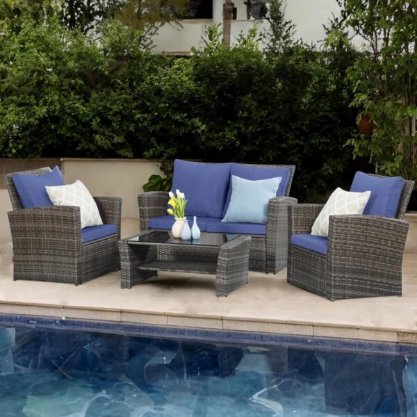 Wisteria Lane 4 Piece Outdoor Patio Furniture Sets, Wicker Conversation Set for Porch Deck, Grey Rattan Sofa Chair with Cushion （Blue - Image 7