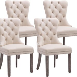 KCC Velvet Dining Chairs Set of 4, Upholstered High-end Tufted Dining Room Chair with Nailhead Back Ring Pull Trim Solid Wood Legs, Nikki Collection Modern Style for Kitchen, Beige