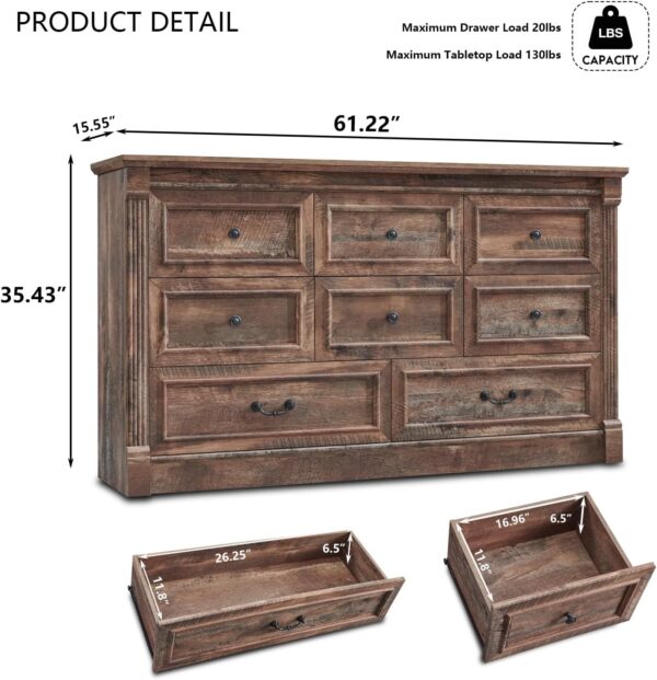8 Drawers Dresser for Bedroom, Farmhouse 61" Wide Dressers & Chests of Drawers w/Roman Column, Large Storage Dressers Organizer w/Two Different Drawer Sizes for Bedroom,Living Room,Light Brown - Image 2