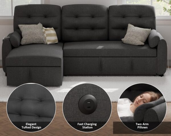 Ucloveria Sectional Sofa Couch, 87" Sleeper Sofa Bed with Reversible Storage Chaise Pull Out Couch for Living Room | Side Pocket | Charging Station | Removable Backrest | Linen Fabric, Dark Grey - Image 5