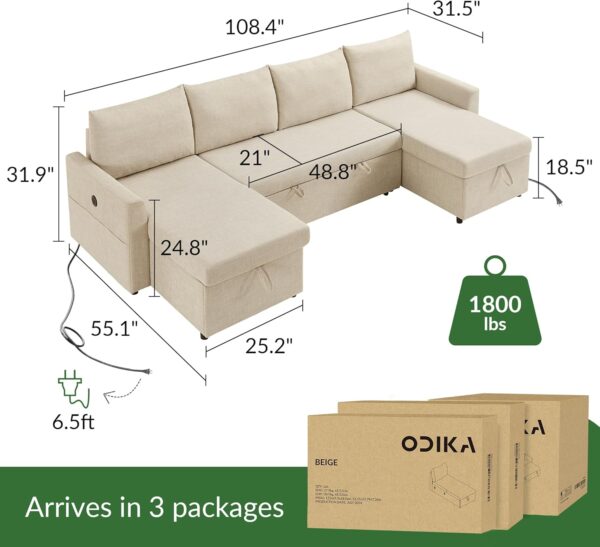 U Shaped Convertible Sleeper Sofa Bed, Sectional Couch for Living Room - Dual USB-C Charging, Pull Out Bed, Reversible Chaise with Storage & Pockets, Removable & Washable Beige Linen Covers - Image 2