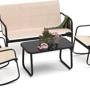 YITAHOME 4 Piece Patio Furniture Set, Small Backyard Bistro Rocking Chairs, Loveseat and Glass Table, Textilene Outdoor Conversation Set for Lawn, Garden, Balcony, Poolside (Brown)