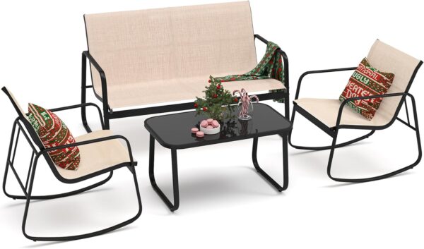 YITAHOME 4 Piece Patio Furniture Set, Small Backyard Bistro Rocking Chairs, Loveseat and Glass Table, Textilene Outdoor Conversation Set for Lawn, Garden, Balcony, Poolside (Brown)