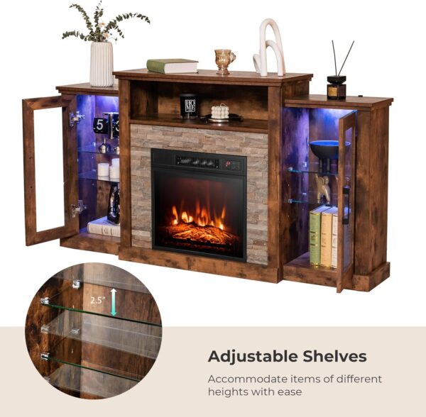 GOFLAME Fireplace TV Stand with LED Lights for TV up to 65”, Entertainment Center with 18” Electric Fireplace, Remote & APP Control, TV Console with Adjustable Glass Shelves (Brown) - Image 6