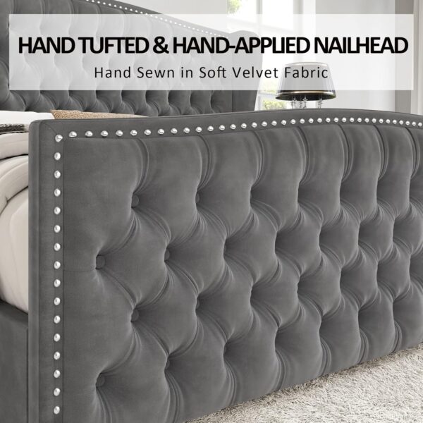 AMERLIFE Queen Size Platform Bed Frame, Velvet Upholstered Bed with Deep Button Tufted & Nailhead Trim Wingback Headboard/No Box Spring Needed/Grey - Image 5
