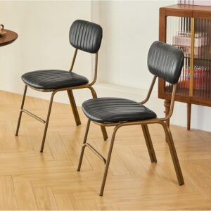 mid Century Modern Retro Faux Leather Dining Chairs Set of 2, Upholstered Seat backrests Metal Plated Legs with Black Foot MatsBlack for Kitchen Dining Room (Black, Set of 2)