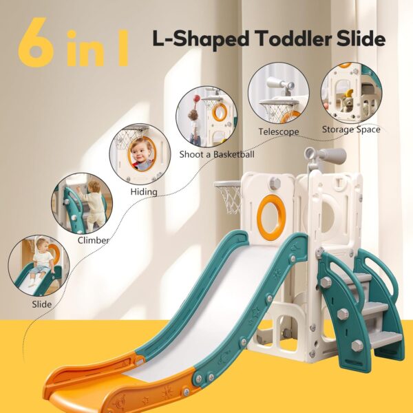 6 in 1 Toddler Playset with Slide,Toddler Slide,Slide for Kids with Basketball Hoop,Ball,Ring Toss,Kids Slide Toddler Playground Toddler Slide Indoor Outdoor Toys (6 in 1, White Orange) - Image 2