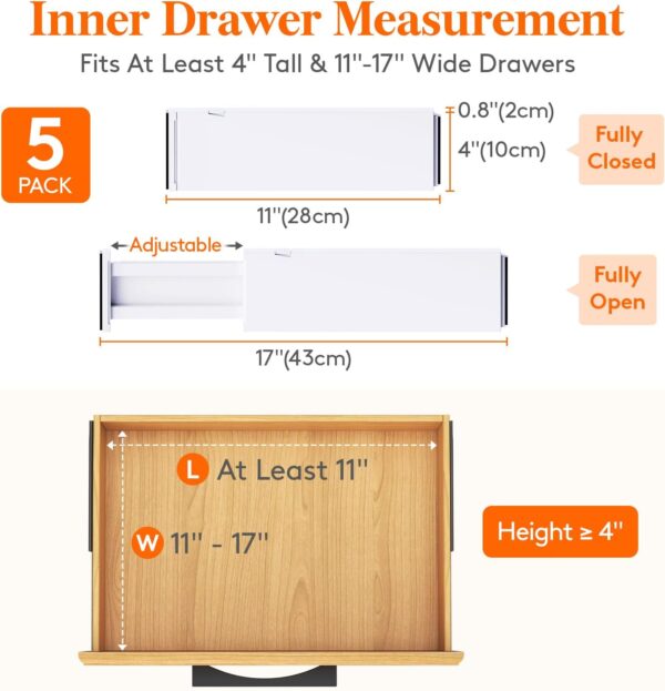 Lifewit 5 Pack Drawer Dividers Plastic 4" High, 11-17" Adjustable Drawer Organizers for Clothes, Expandable Dresser Separators in Bedroom/Bathroom/Kitchen/Fridge/Office Organization and Storage - Image 2
