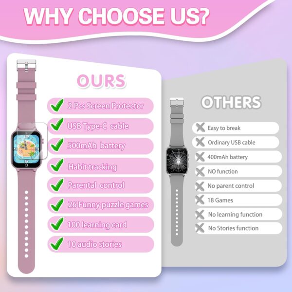 Kids Smart Watch Girls Gift for Girls Aged 6-12, HD TouchScreen Kids Watch with 26 Games Video Camera Music Pedometer Audiostory Learn Card Educational Toys Birthday Gifts for Girls Ages 5 6 7 8 9 - Image 6