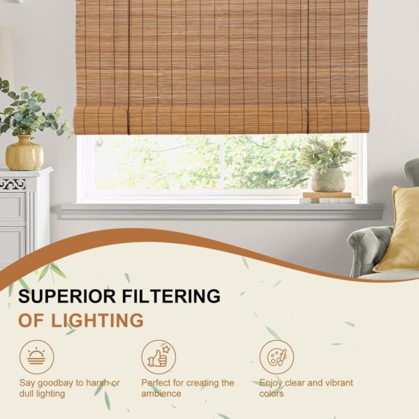 Bamboo Roller Blinds Bamboo Shades Roll Up Light Filtering Window Curtains for Interior Home Patio Porch Brown 72''W X 72''H - Image 2