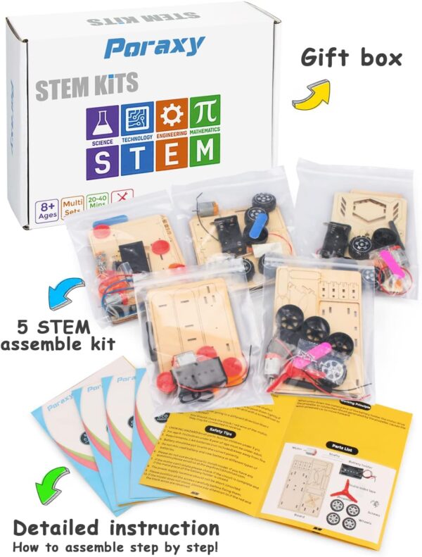 Poraxy 5 in 1 STEM Kits for Kids Age 8-10, Science Building Projects Craft for 8-12, Model Car Kits, Toys for Ages 8-13, Wooden 3D Puzzles, Birthday Gifts for 7 8 9 10 11 12 13 Year Old Boys and Girls - Image 7