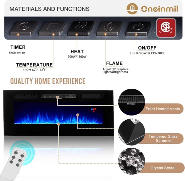 oneinmil Fireplace TV Stand with 36” Electric Fireplace, 70” Fireplace Entertainment Center LED Lights, 2 Tier TV Console for TVs Up to 80", Black - Image 6