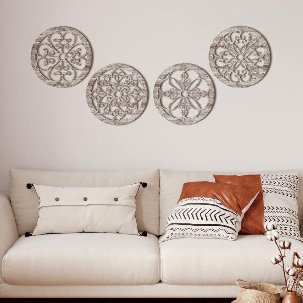 Yulejo 4 Pcs Thicken Rustic Wall Decor Farmhouse Wall Art Wooden Hollow Carved Design Decor Rustic Round Wall Art for Living Room Bedroom Hallway Decor Kitchen Wall (Retro White,9.8 x 9.8 Inch) - Image 4