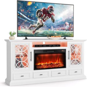 LGHM 70'' Fireplace TV Stand for TVs Up to 80 Inch, White TV Stand with 30" Fireplace & LED Lights, Farmhouse Entertainment Center with Storage Drawers for Living Room