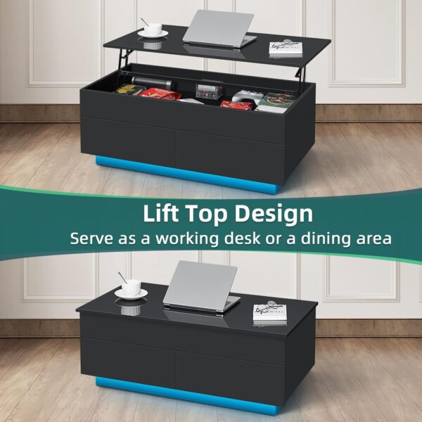 HOMMPA Lift Top Coffee Table with LED Light Morden Coffee Table with Storage High Gloss Black Coffee Table for Living Room Tea Table with Storage Center Tables Hidden Compartment & 2 Drawers - Image 3