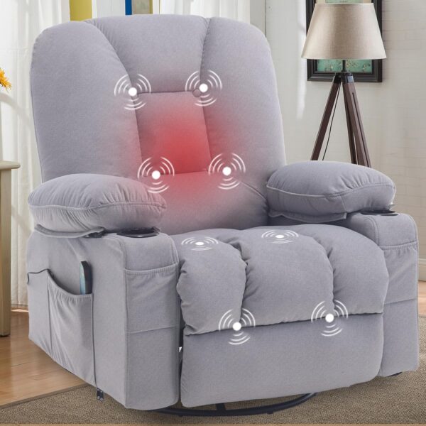 Recliner Chair for Adults, Rocker Recliners with Massage and Heat, Fabric Overstuffed Swivel Glider with Cup Holder Side Pocket, Manual Reclining Sofa Chair for Living Room - Image 3