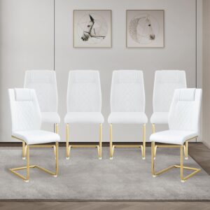 Modern White Dining Chairs Set of 6 with Gold Metal Legs, High Back Upholstered Armless Side Chair for Kitchen, Dining Room, Faux Leather