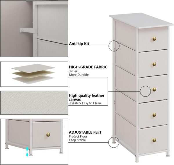 Narrow Dresser Thin Cabinet Tall Slim Dresser Drawers Skinny Storage Tower for Small Spaces Gaps Bedroom Bathroom with Small Drawer Unit (White, 5 Drawers) - Image 6