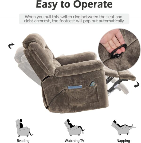 INZOY Oversized Swivel Rocker Recliner with Heat and Vibration, Manual Swivel Rocking Recliner Chair with Massage Vibrating, Overstuffed Soft Fabric Heated Recliner, 360 Swivel Glider Recliner, Brown - Image 5