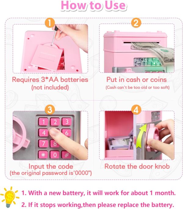 Kids Piggy Bank for Girls - Toys for 5 6 7 8 9 10 Year Old Girl Birthday Gifts - Electronic Piggy Bank ATM Machine Money Safe for Kids Toys Age 6-8-10 - Image 6