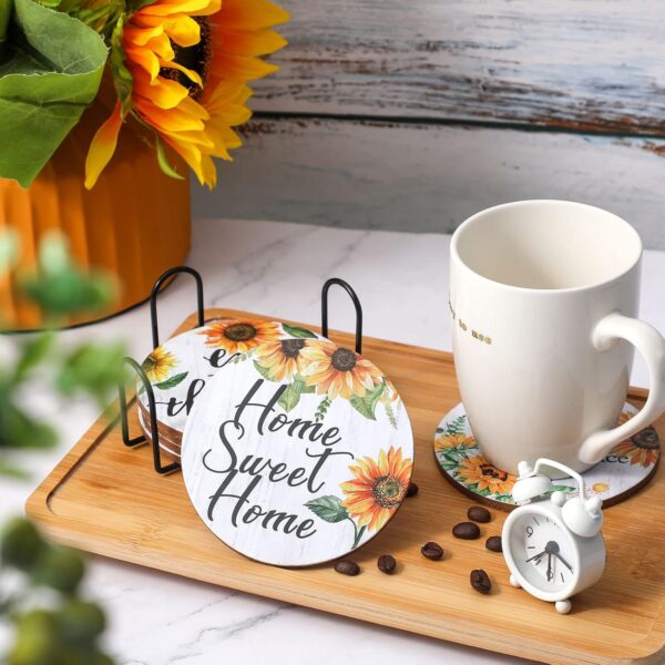 Chengu 6 Pieces Vintage Sunflower Drink Coasters with Holder Absorbent Coaster Sunflower Wood Drink Coasters Thank You Gifts for Christmas Farmhouse Drinks Coasters for Home Office Decoration(White) - Image 2