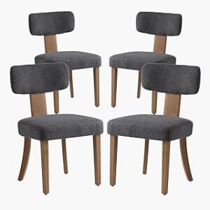 AMERLIFE Kitchen Chairs Set of 4, Modern Boucle Chairs with Upholstered Curved Backrest & Seat, Hardwood Frame, Dark Grey