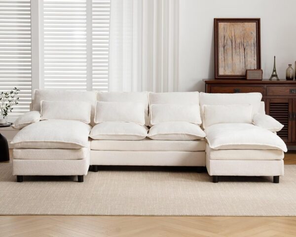 U Shape Cloud Couch, 4 Seats Comfy Sectional Sofa Couches for Living Room, Modular Chenille Sofas with Double Reversible Chaise for Spacious Space Apartment, Grey - Image 7