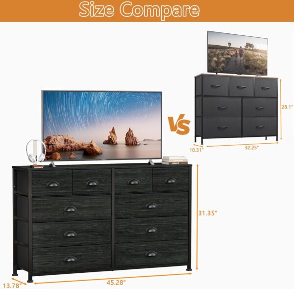 Furnulem 10 Drawer Dresser for Bedroom, Chest of Drawer for 55'' Long TV Stand Entertainment Center, Storage Organizer for Closet, Living Room, Entryway, Fabric Bins, Wood Top, Metal Frame(Black Oak) - Image 3