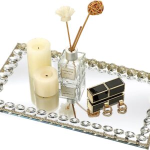 Hipiwe Glass Vanity Tray - 13.7"x7.8" Mirror Decorative Tray Sparkling Crystal Perfume Tray Gorgeous Bathroom Organizer Tray for Makeup Jewelry Serving Tray for Coffee Table