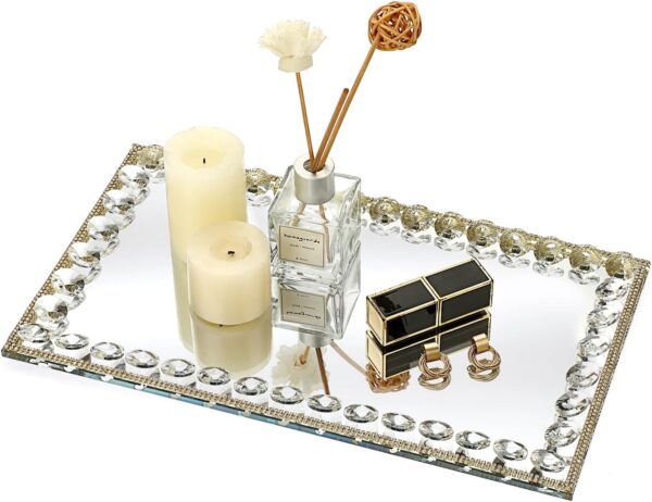 Hipiwe Glass Vanity Tray - 13.7"x7.8" Mirror Decorative Tray Sparkling Crystal Perfume Tray Gorgeous Bathroom Organizer Tray for Makeup Jewelry Serving Tray for Coffee Table