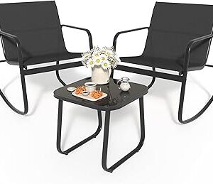 YITAHOME 3 Piece Patio Furniture Set with Rocking Bistro Chairs and Glass Table, Textilene Fabric Small Outdoor Conversation Furniture Set for Backyard, Lawn, Garden, Balcony, Poolside (Black)
