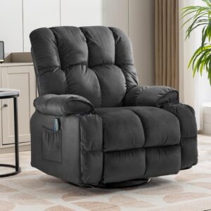 COMHOMA Recliner Chair, Swivel Rocker Recliner with Cup Holders, Heat and Massage, Fabric Recliners Sofa for Living Room (Grey)
