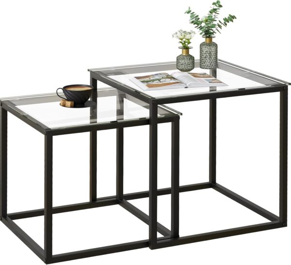 VILAWLENCE Coffee Table Set of 2, Modern Black Glass Side Table, Metal Frame Square End Table, Center Tables,Nesting Coffee Table for Living Room,Bedroom and Small Spaces - Image 4