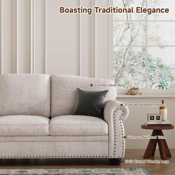 90 Inch Nailhead Trim Couches for Living Room, 23" Deep Seat Rolled Arm Sofa, Upholstered 3 Seater Sofa, Chenille Couch w/Turned Wooden Leg, Traditional Sofa for Bedroom, Farmhouse, Beige - Image 3