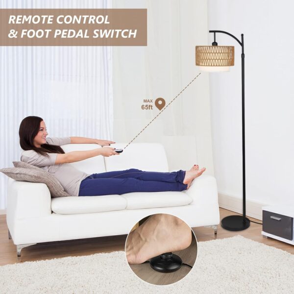Arc Floor Lamp for Living Room with 3 Color Temperatures, Farmhouse Floor Lamps with Remote & Dimmable Bulb, Boho Standing Lamp with Rattan & Fabric Shades, Adjustable Tall Lamp for Bedroom, Office - Image 6