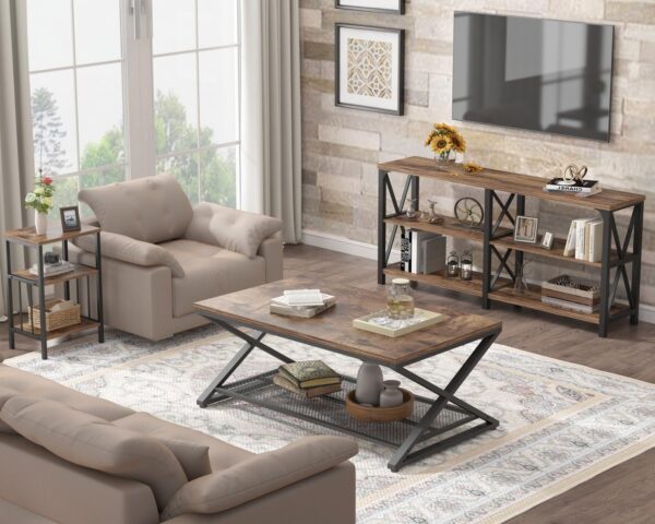 LVB Rustic Coffee Table, Industrial Metal Wood 2 Tier Cocktail Tea Table with Storage for Living Room, Farmhouse Wooden Rectangle Center Table with Mesh Shelf for Office Bedroom, 39 inch, Rustic Brown - Image 7