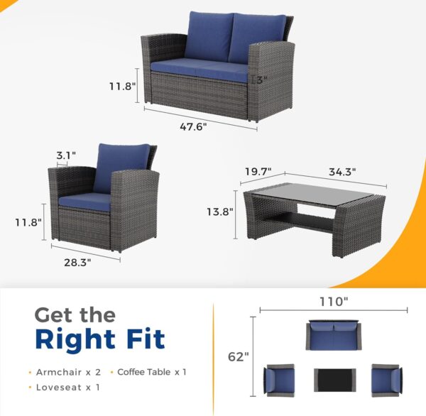 Wisteria Lane 4 Piece Outdoor Patio Furniture Sets, Wicker Conversation Set for Porch Deck, Grey Rattan Sofa Chair with Cushion （Blue - Image 6