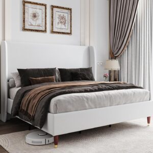 Jocisland Upholstered Bed Frame Queen Size 51.2" High Platform Bed with Wingback Headboard/No Box Spring Needed/Easy Assembly/White