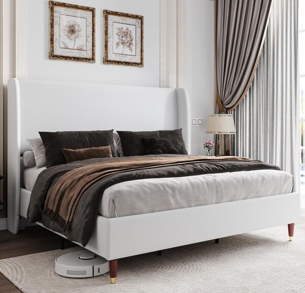 Jocisland Upholstered Bed Frame Queen Size 51.2" High Platform Bed with Wingback Headboard/No Box Spring Needed/Easy Assembly/White