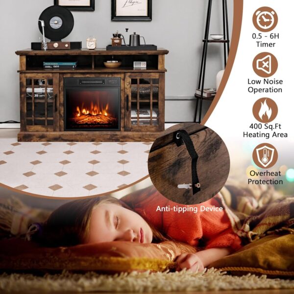 COSTWAY Electric Fireplace TV Stand for TVs Up to 55 Inches, 18-Inch Fireplace Insert with Remote, Overheat Protection, 48-Inch Wooden Media Entertainment Center with Adjustable Shelves, Brown - Image 4