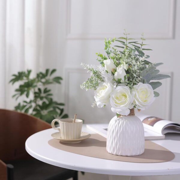 FOTEEWL Artificial Flowers with Ceramic Vase,Faux Silk Roses and Fake Plant Eucalyptus in Vase for Centerpiece Table Decorations, Living Room,Dining Table,Fireplace,Office,Farmhouse,Home Decor(White) - Image 2