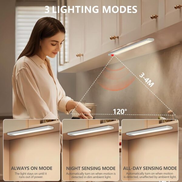 Under Cabinet Lighting, 54 LED 12in Long Rechargeable Under Cabinet Lights, Dimmable Wireless Motion Sensor Lights with 3 Color Temperature for Kitchen/Bedroom/Corridor/Stairs (2 PCS) - Image 2