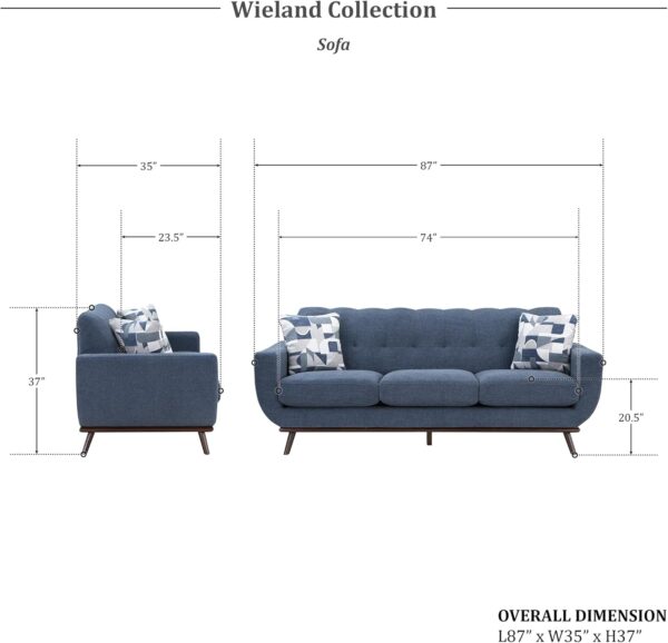 Lexicon Small Couch Mid Century Modern Sofa Living Room Sofa Couch with 2 Accent Pillows, Button Tufted Upholstered Small Sofa for Bedroom/Waiting Room/Office/Apartment, 86.5'' Sofa, Blue Chenille - Image 2