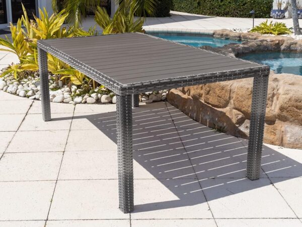 Sorrento 9-Piece Resin Wicker Outdoor Patio Furniture Dining Table Set in Gray w/Dining Table and Eight Cushioned Chairs (Flat-Weave Gray Wicker, Sunbrella Canvas Charcoal) - Image 4